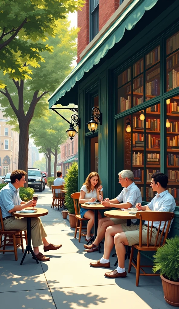 painting illustration, New York book cafe, preppy colors, trees, preppy