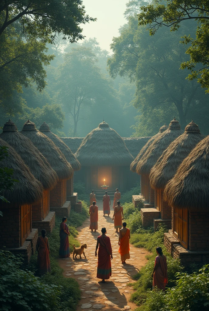 Create a picture of Indian village with houses covered with dense forest. All women and mens of the village are performing ritual where they are doing some bhajan