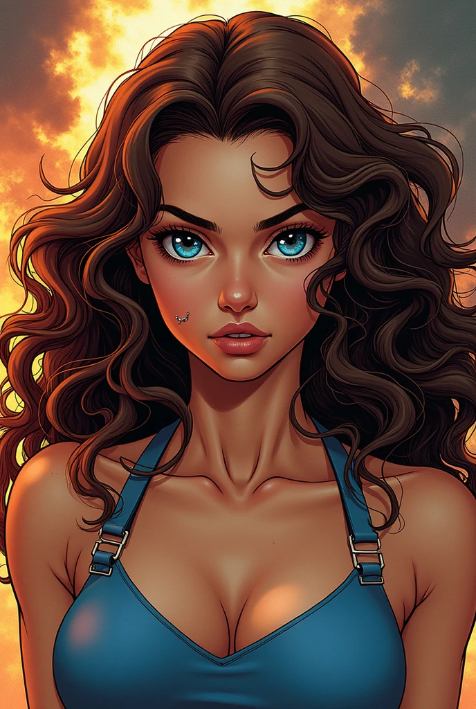 Girl with brown curly hair, parts, blue eyes, lower lip piercing in the style of 90&#39;s marvel comics in an attack

