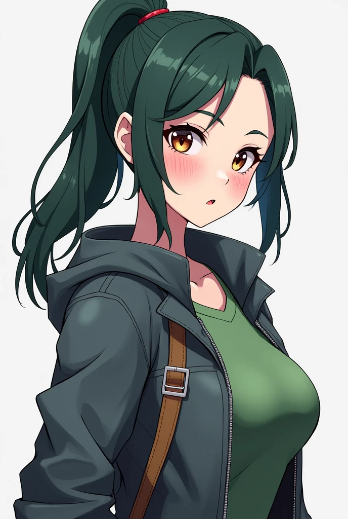 Could you generate an anime-type image of the female character Kiriko from the video game Overwatch 2 around 21 years old with dark green pigtails?, Brown eyes, with high ponytail hairstyle,anti makes fox red, with white complexion,anatomical proportions of 120-30-90, Put a red line on each cheek, that the perspective of the full-frame image where the entire character can be seen from head to toe 