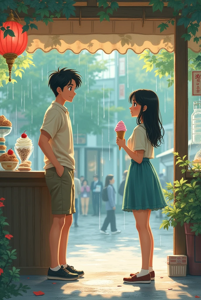 Young male passing young female in an ice cream shop retro anime traditional impressionist painting japanese handmade design. Studio Ghibli style raining