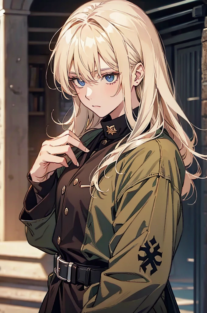 A German general, blonde with straight, medium-length hair, black military clothing, cut scar on his mouth, cheek and neck, manhwa style