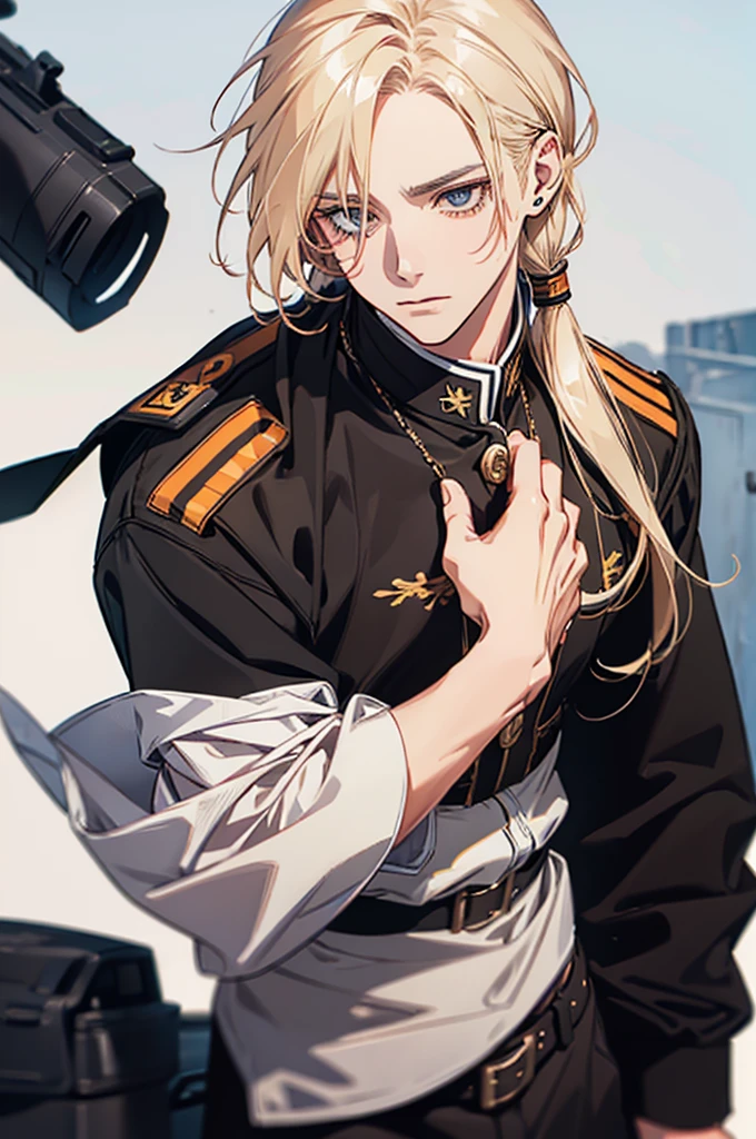 A German general, blonde with straight, medium-length hair, black military clothing, cut scar on his mouth, cheek and neck, manhwa style
