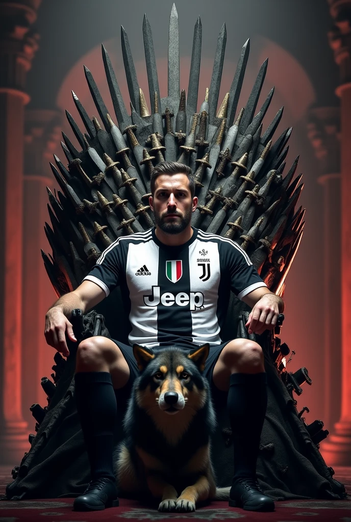 I want to create a scene of a king sitting on the throne of game of thrones with a Juventus shirt and a wolf next to him