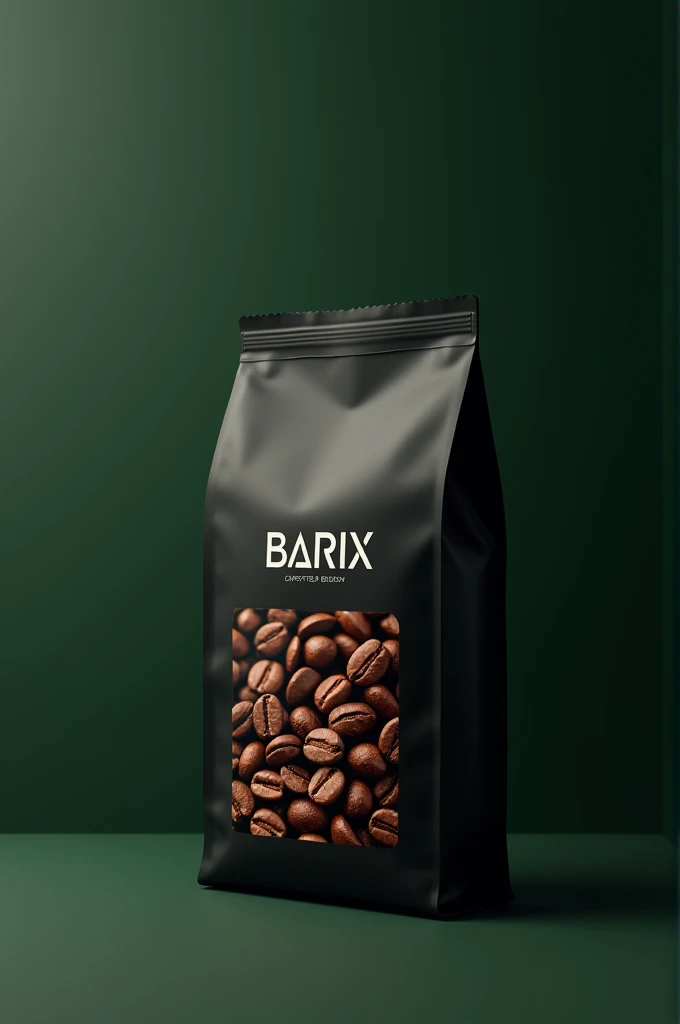 I want a new and special packaging for coffee beans in the shape of a black square and a very dark green color with the Barix brand and a photo of coffee beans on the package.