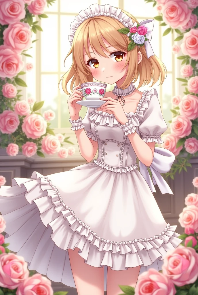 Elegant anime girl, white dress, holding a teacup, surrounded by roses, Victorian aesthetic.