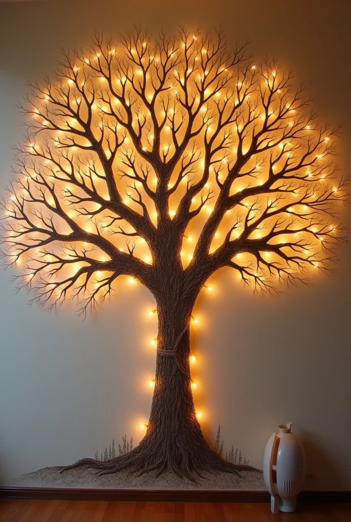 Create an artistic wall decor featuring a large, hand-drawn tree with intricate branches spreading across the wall. The tree should have spaces between the branches where serial lights are carefully woven in, illuminating the tree's outline. The lights should resemble glowing, warm fairy lights, adding a soft, ambient glow to the entire design. The background should be a neutral, textured wall that contrasts with the glowing tree design. Make it so simple as handwritten drawing, and light should be connected like a stings, or a series of light