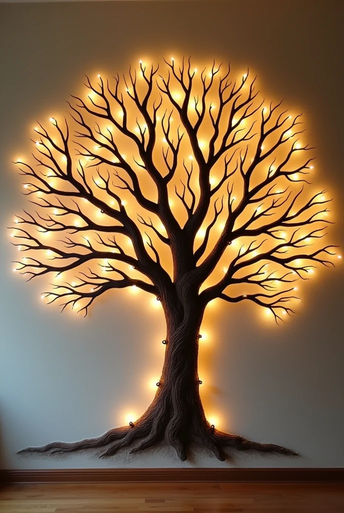 Create an artistic wall decor featuring a large, hand-drawn tree with intricate branches spreading across the wall. The tree should have spaces between the branches where serial lights are carefully woven in, illuminating the tree's outline. The lights should resemble glowing, warm fairy lights, adding a soft, ambient glow to the entire design. The background should be a neutral, textured wall that contrasts with the glowing tree design. Make it so simple as handwritten drawing, and light should be connected like a stings, or a series of light