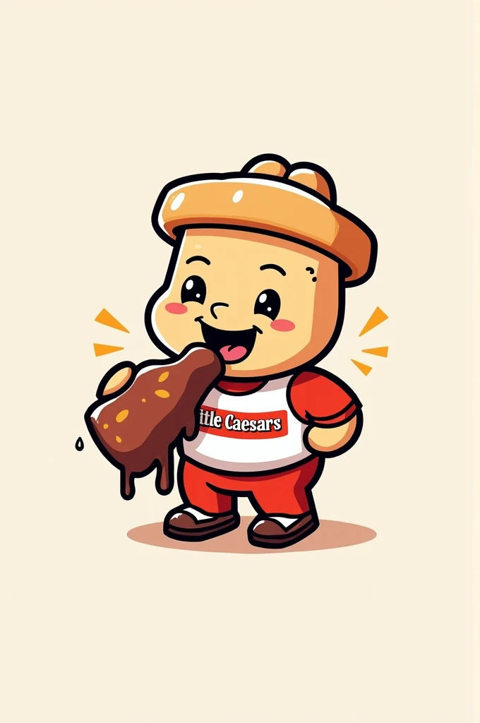 Create me a logo with a little Caesars piszeria doll eating meat