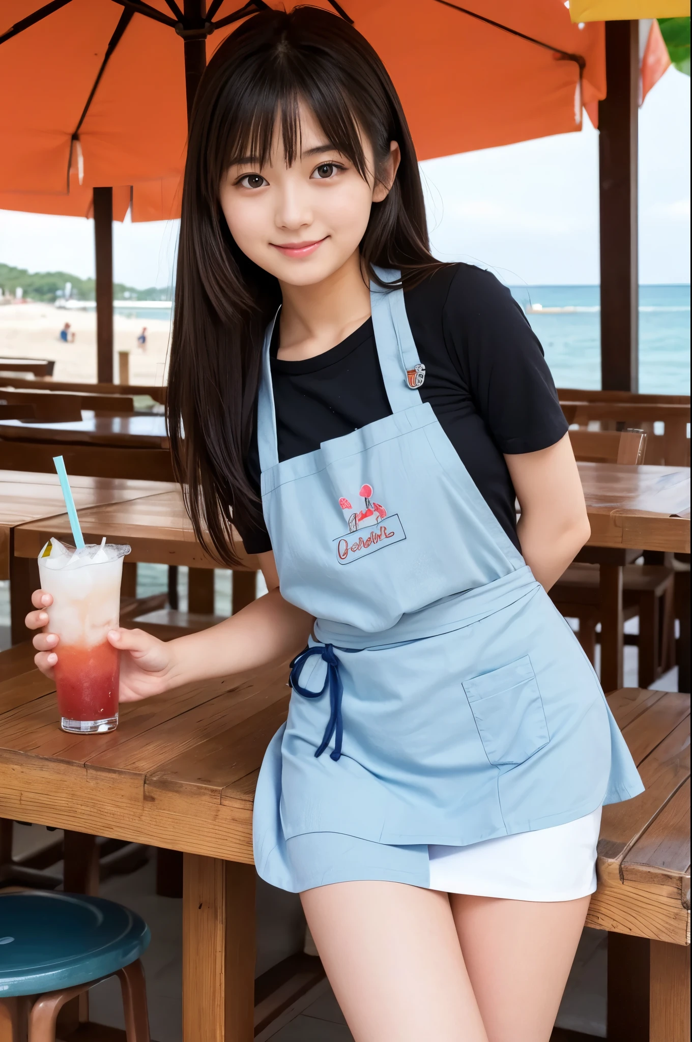 21 years old girl (Japanese cute face) is wearing apron, mini skirt and has fluits drink at the beach bar