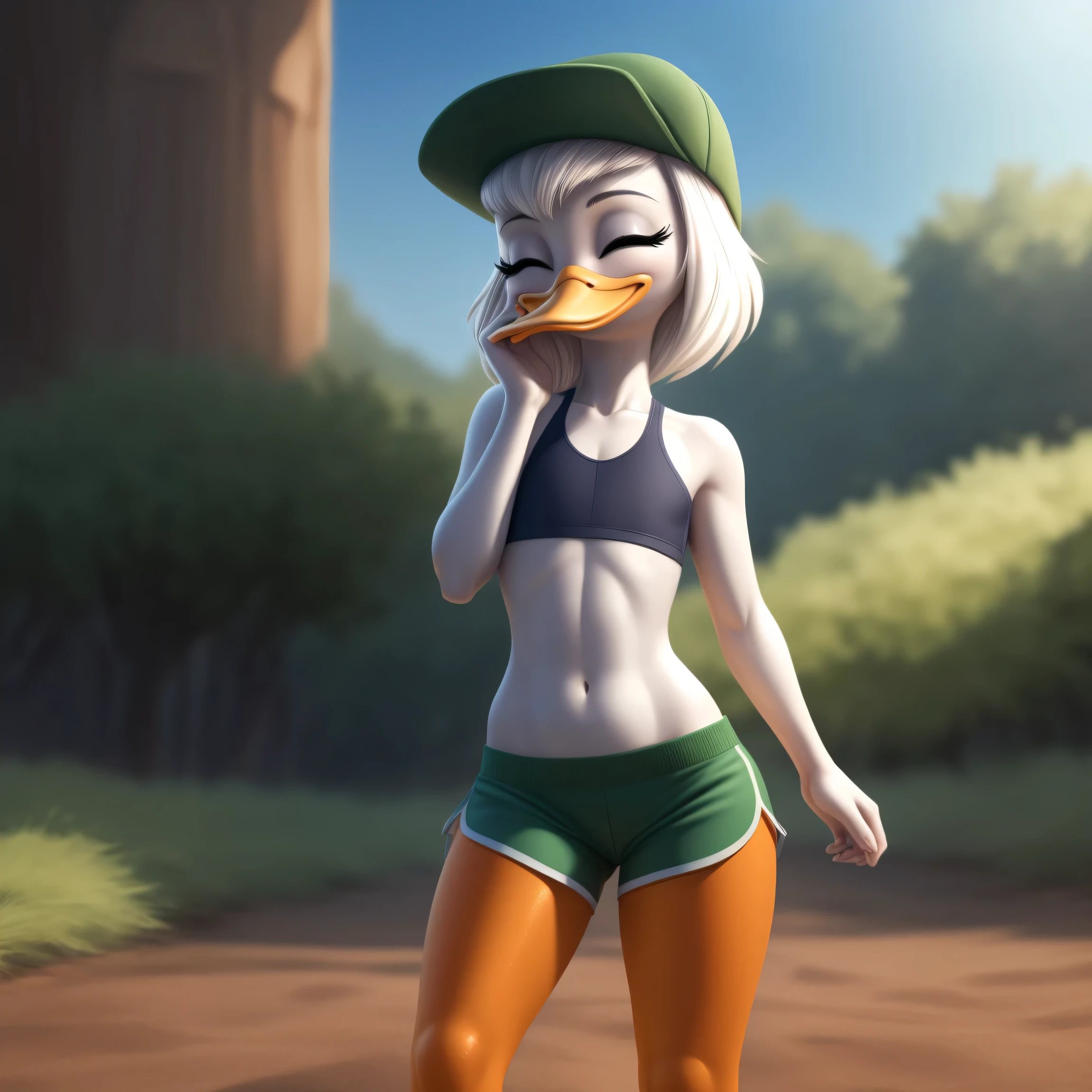 photorealism, adult female duck, Jade Duck, detailed background, outside, eyeshadow, cartoon duck beak, long front white hair, cartoon, (flat chested), (orange legs: 1.5), smiling, happy, ducktales 2017, mouth closed, cartoon webbed feet, solo 1.2
wear green sports bra, green shorts, intricate, detailed, wears green cap hat, (sexy pose)
simple black eyes, detailed, intricate, (long skinny torso 2.0), (showing her torso)
Best quality, (detailed white skin:1.6), (eyes closed), 8k hd, (soft cinematic light:1.1) ,