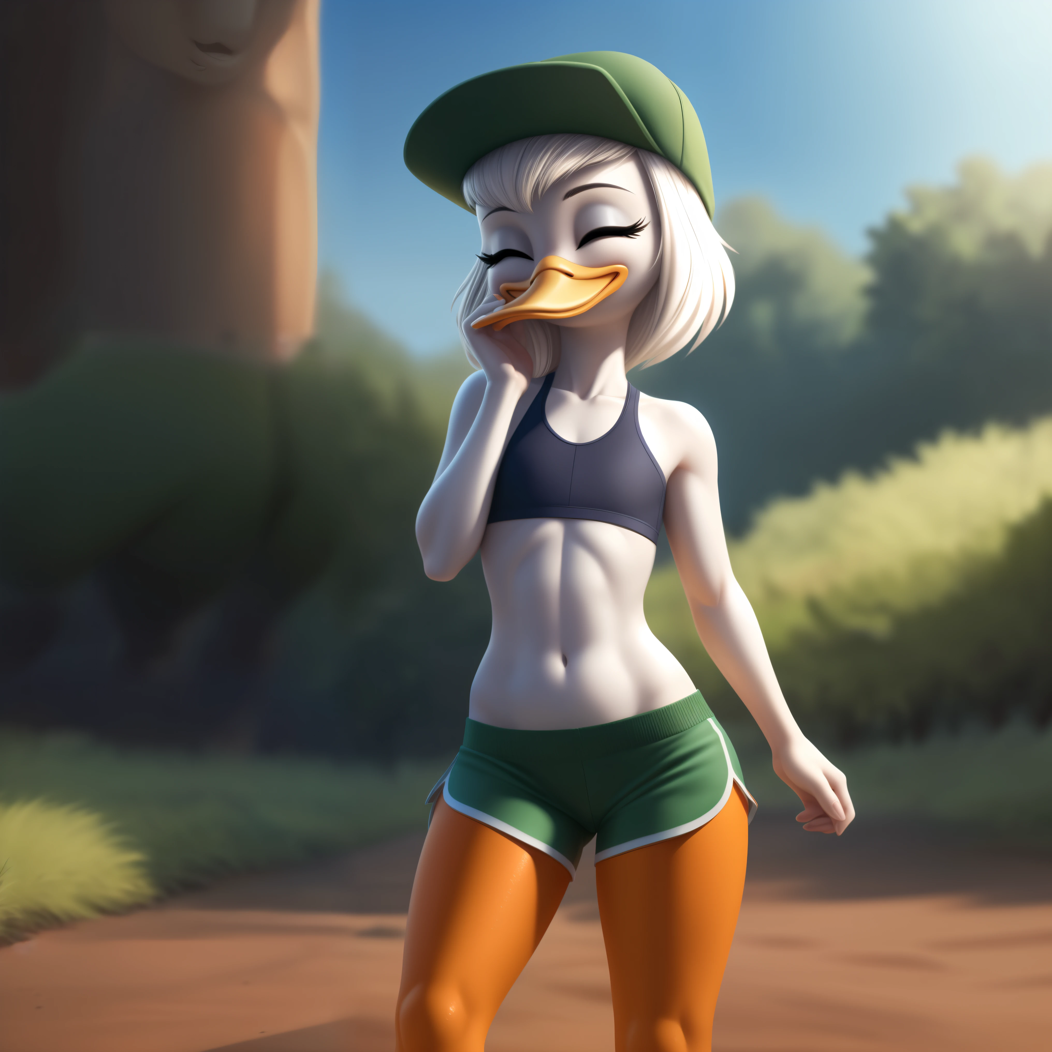 photorealism, adult female duck, Jade Duck, detailed background, outside, eyeshadow, cartoon duck beak, long front white hair, cartoon, (flat chested), (orange legs: 1.5), smiling, happy, ducktales 2017, mouth closed, cartoon webbed feet, solo 1.2

wear green sports bra, green shorts, intricate, detailed, wears green cap hat, (sexy pose)

simple black eyes, detailed, intricate, (long skinny torso 2.0), (showing her torso)

Best quality, (detailed white skin:1.6), (eyes closed), 8k hd, (soft cinematic light:1.1) ,