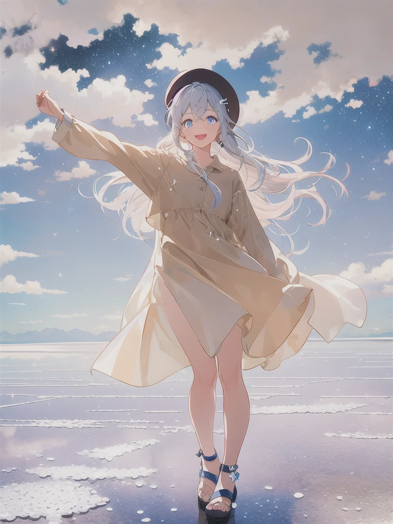 (8K, Highest Quality, Masterpiece:1.3)), Ultra High Resolution, (1 girl, solo), (Color changing eyes, Highly detailed, Expressive glow, Sparkling eyes), Highly detailed eyes, Highly detailed face, (Random hair, Pastel colors:1.2), Hair clip, Oversized linen shirt dress, Beige slide sandals, Woven hat, Beaded accessories, Messy wavy hair, (Uyuni Salt Flats, Starry sky:1.1), Starry sky reflected on the surface of the Uyuni Salt Flats, (Happy face:1.1), Top angle,