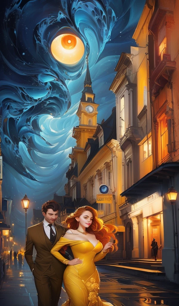 painting of a woman in a yellow dress and a man in a suit, inspired by Vincent Lefevre, cyril rolando and m.w kaluta, cyril rolando and m. w kaluta, novel cover art for a book, stylized urban fantasy artwork, a beautiful artwork illustration, in style of cyril rolando, inspired by andrey ryabovichev