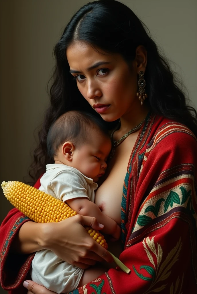 masterpiece, realist, high contrast, Abraham Bloemaert painting style, indigenous mexican woman,light, with Mexican embroidered shawl, breastfeeding her , and held a corn cob,shocking look,great handling of light and dark, warm light, old painting style, Angel of Caceres, photography by uma damle, style photo by uman damle, Caravaggio, visual impact, Baroque, great contrast, illuminated faces, 