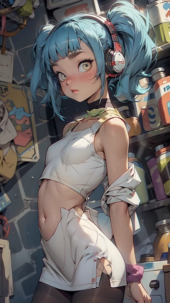 1 girl, in a tight dress, fishnet stockings ), ((flat chested, flat stomach, baby face)), (intense colors) baby blue hair, yellow eyes, Bangs, Twintails, Headphones,