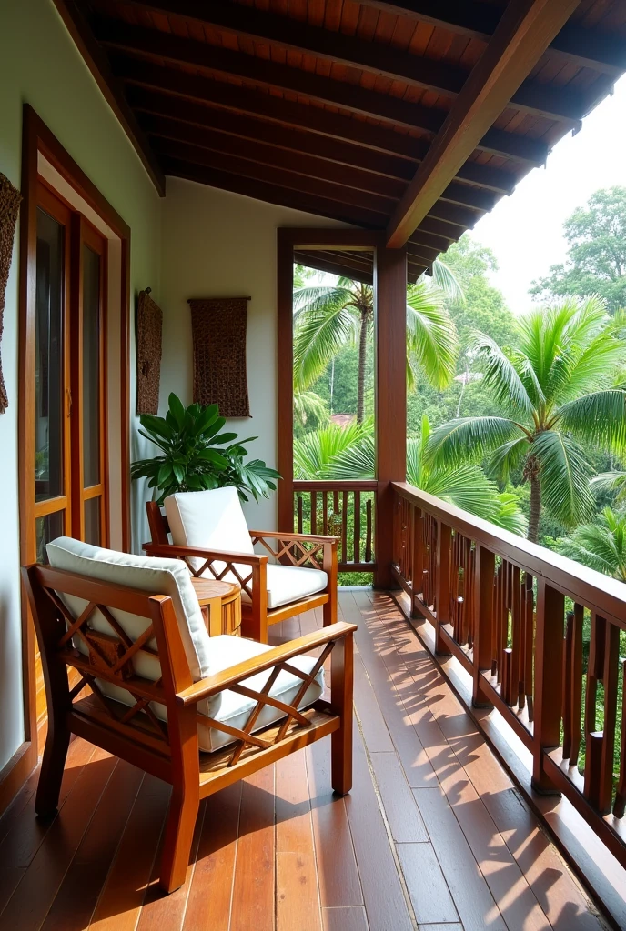 Balcony joglo house with wood and rattan chairs and coffee table ,  Javanese style wall decor , with tropical garden view
Wood floor decking