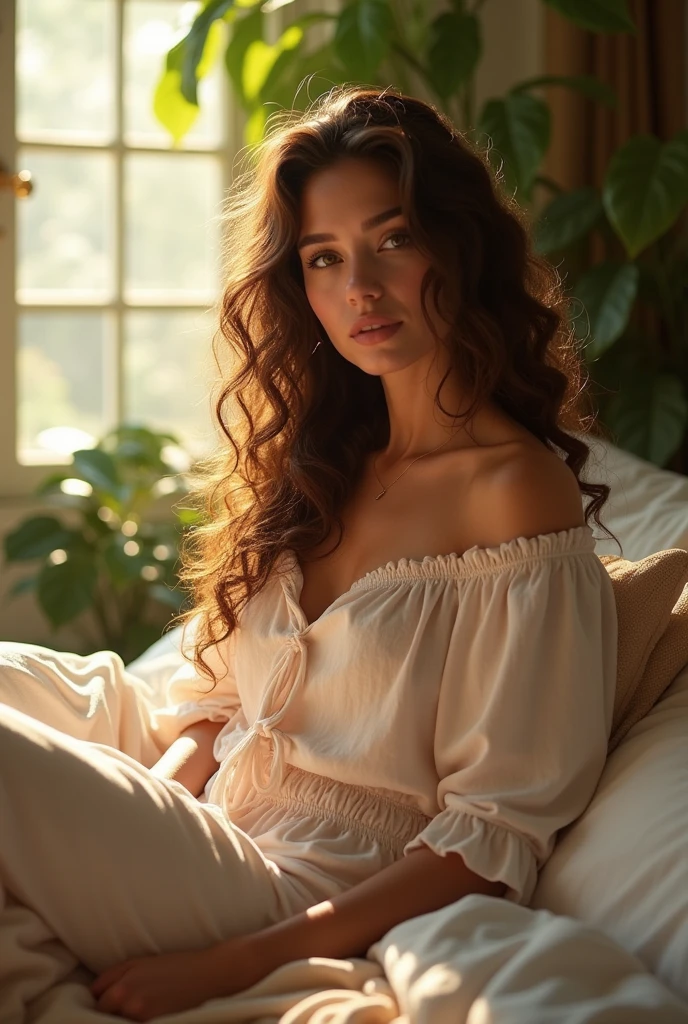 (photorealism:1.2), beautiful woman, sitting on bed, wearing loose off-shoulder top, pajama pants, long curly hair, indoors, soft lighting, plants in background, window with sunlight, cozy room, relaxed pose, realistic, intricate details, warm colors, by Greg Rutkowski, by Alphonse Mucha