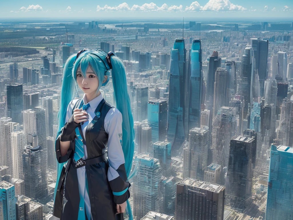 ((Description of Super Giant、8k、Realistic、Hatsune Miku、Cosplay、Japanese women、Cosplayイヤー、Large Breasts、非常に詳細なDescription of Super Giant、Much bigger than a skyscraper、very small metropolis, Miniature metropolis, (靴の高さしかないMiniature metropolisで)、Full body description、(超巨大Hatsune Miku)、Walking from afar、top view)), ((Clone avatar depiction、8k、Realistic、Hatsune Miku、Cosplay、Japanese women、Cosplayイヤー、Large Breasts、Highly detailed avatar art、(hatsune miku one girl clones, 1 girl is cloned)、10 people、100 people、1000 people、Hatsune Mikuの群衆、congestion、Chest to Chest))