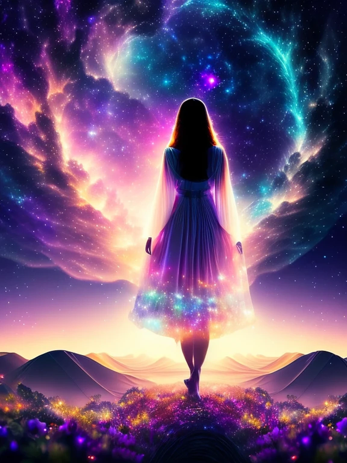 The Cosmic Echoes, Quiet Moments, Quiet Dawn, Journey Into Space, Mystical Dreamer, Astral Traveling, Inner Beauty, Starlight and You, Space Princess, Floating Through Space, Silhouettes, Night Flower, ((masterpiece, best quality, digital imaging, high resolution photography))