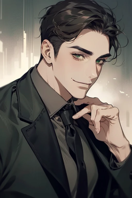 masterpiece, best quality, realistic, 1man, mature male, quiet and charming mature man, 34 years old, smirk and look on the side, closed mouth, portrait, extremely detailed face, smirk, (dark green eyes), (short-side-swept sandy grey black hair)), [thick eyebrows], (detective clothing)