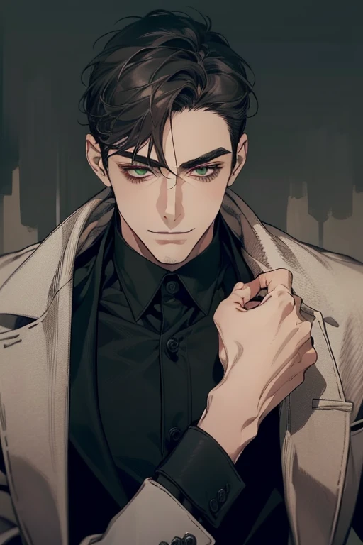 masterpiece, best quality, realistic, 1man, mature male, quiet and charming mature man, 34 years old, smirk and look on the side, closed mouth, portrait, extremely detailed face, smirk, (dark green eyes), (short-side-swept sandy grey black hair)), [thick eyebrows], (detective clothing)