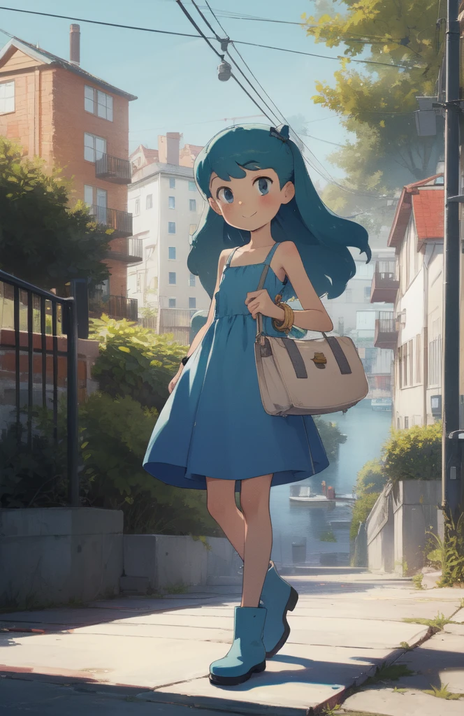 masterpiece, high quality, Hilda, long hair, blue hair, smile, dress, sundress, bag, bracelet,blue boots, full body, flat chest, walkside, outdoors