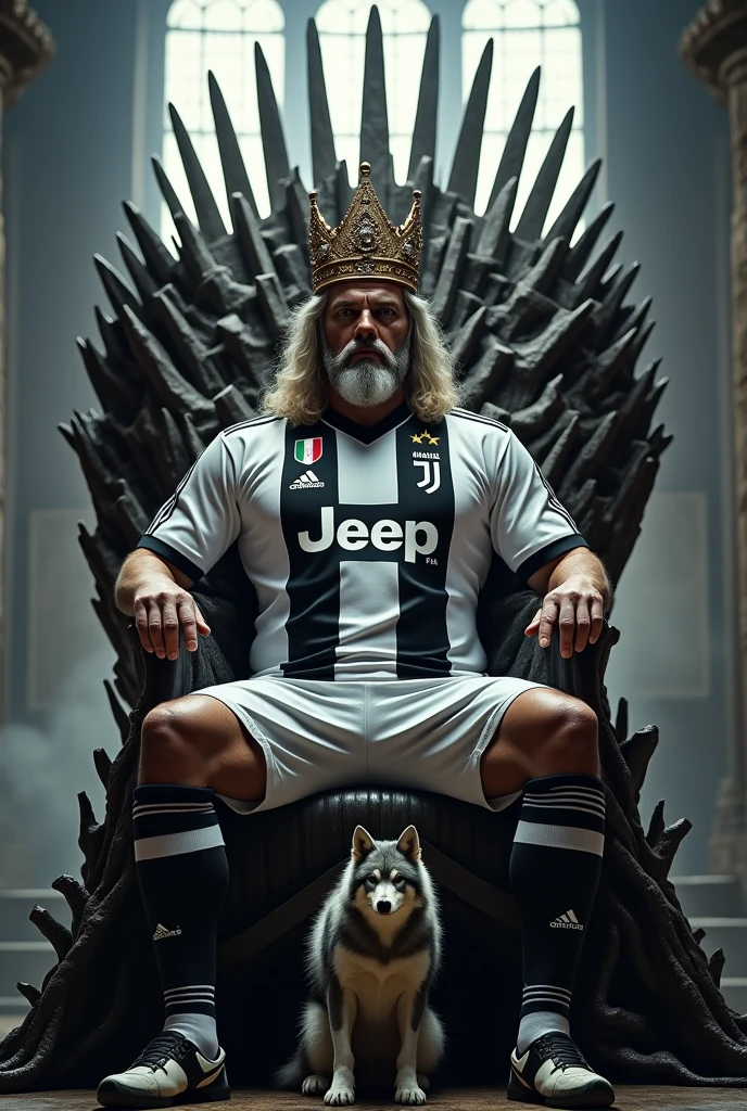 I want to create a scene of a king with a crown sitting on the throne of game of thrones with a Juventus shirt and a direwolf next to him 