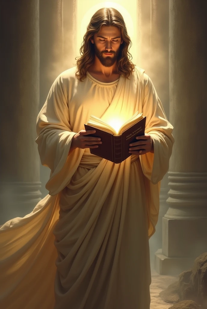 Jesus Christ holding the illuminated Book of Mormon. But let the book be closed 