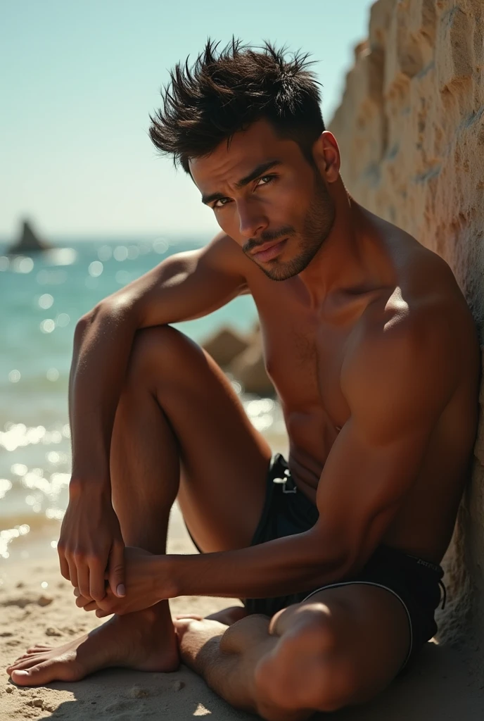 RAW photo, portrait, wide angle view, full color, commercial quality, latino hunk, ((age 24)), ((shot from below)), athletic physique, masculine features, very tanned skin, black hair, spiky hairstyle, kneeling, ((leather speedo)), ((leaning forward)), water scene, in the style of herb ritts, sharp focus, hdr, heavy contrast, dynamic lighting, 4K, (highly detailed skin:1.2), dslr,Close-up of a man under the scorching The sun is very bright, 30-year-old male, Chris Redfield, Cinematic soft lighting illuminates stunningly detailed and surreally handsome male supermodel, cinematic realistic portrait of a man, Unreal Engine character art, shirtless, wearing a cloak style, ((transparent raincoat)), ((raincoat fully transparent)), (breast visible) , (waist seen), (thong seen), (muscular man showing off his physique) male focus, solo focus, muscular, burly, hairy, male, (thong)((big bulge)), (very bulging (protruding crotch)), (very protruding crotch), naked breasts, (chest hair), body and pubic hair, (navel exposed), (in a hugging state), (Holding hands, transparent hands), (hugging himself), (Longing Eyes), (Sitting on the ground, leaning against the wall), (Go barefoot),(Eyes Looking at the Viewer), (Looking down at the ground),Cinematic Body Shots, 8k Portrait Rendering, Hyperrealistic Style, Hyperrealistic Lighting, Realistic Skin Shaders, Masterpieces, Most Best Quality, High Resolution, (Black and Gray Hair) Stunning Composition, High Resolution 8K, (Masterpiece: 1.2), (Vivid, Lifelike: 1.37)