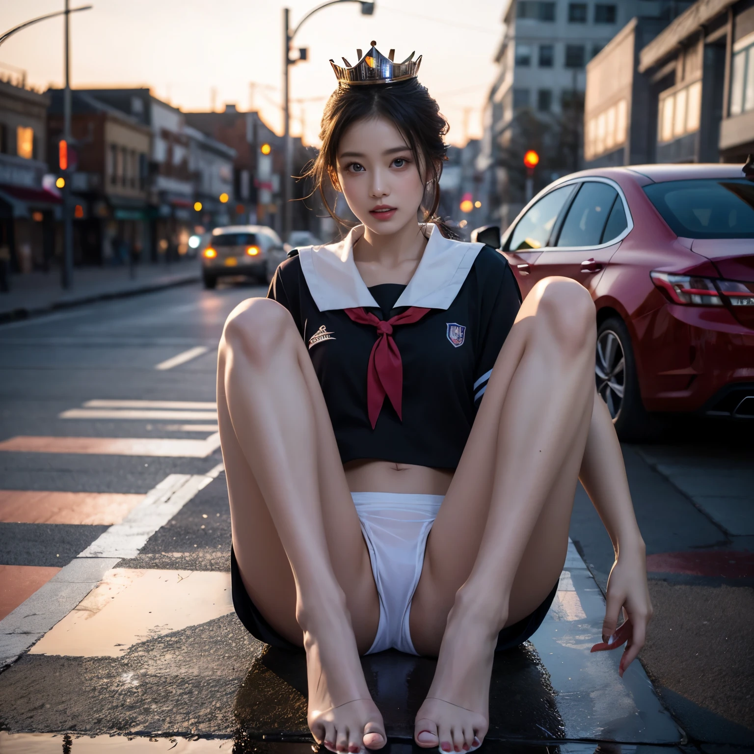 SFW, (Closeup from Crotch to Face) ExtremelyDetailed (SchoolGirl Lean against the Car) Spread Knees Up, perfect face, Brilliant(Tiny Crown), Detailed(Delicate Clothing textures) Sailor Uniform with Red Ribbon (((WhitePanties))), PerfectHand with Childish 4Fingers and one Thumb, Corrected Leg to Foot Line, ((Starry Colorful Lights at Dusk City)) Large Screens, ((Specular Reflection:1.32)Shiny Wet Road)Shiny Cars, ((Hidden Arm) Hidden Sole) Red[High-heels], TopQuality 8K Ultra-detailed masterpiece (ProfessionalPhoto:1.37)(Acutance:0.8),(Luminism)