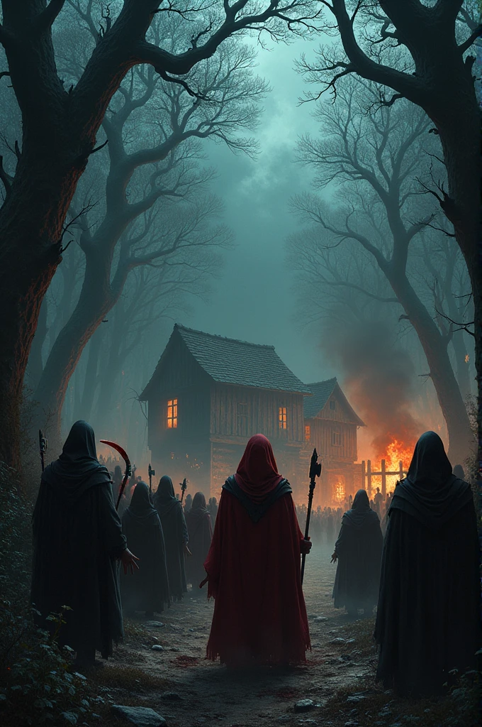 A night scene in a dense, dark forest, with tall, gnarled trees, whose branches look like skeletal hands. At the center, there is an old village surrounded by a wooden palisade, partially on fire. A group of hooded figures in dark red and black cloaks, with demonic masks. They hold improvised weapons like scythes, axes and swords, that are stained with blood. Some members are in the middle of a ritual. while invading a team