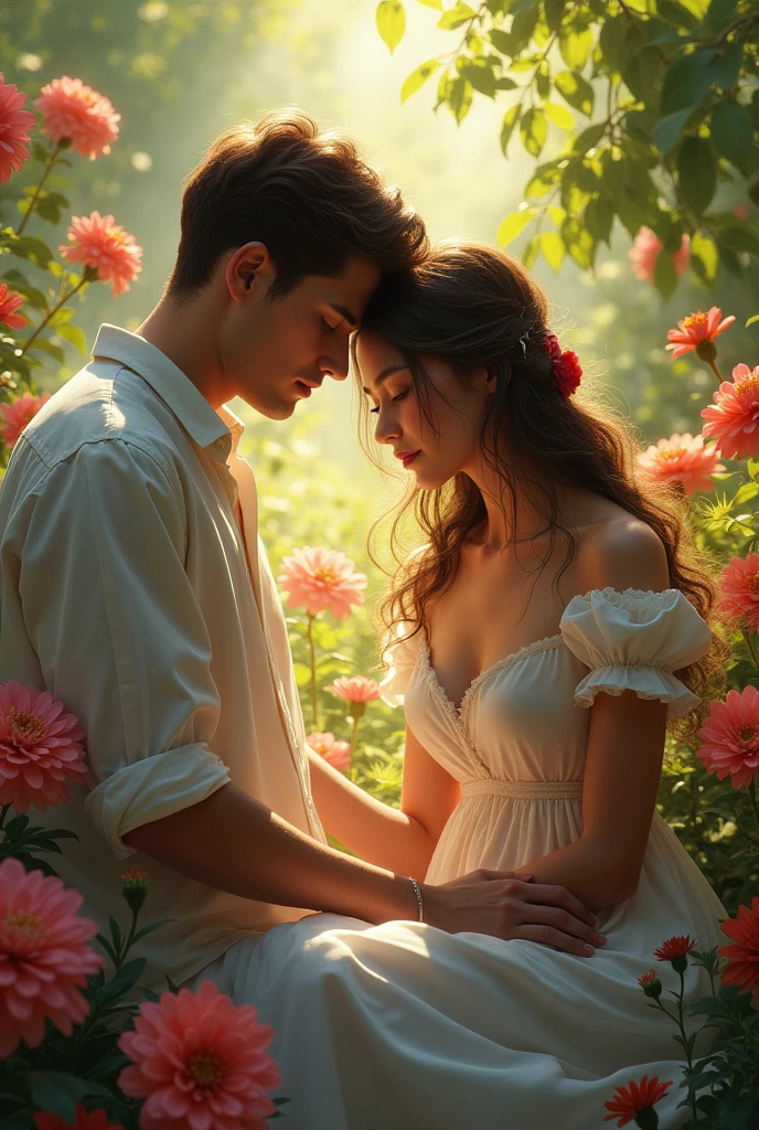 A beautiful girl in garden sitting and seeing those beautiful flowers which azaleas zinnias baslam were sunlight are falling on her and a beautiful boy stands front of her but she cant see him because of sunlight
I want beautiful image girl is seeing at boy even boy is also seeing her but face not fave of his because of sunlight