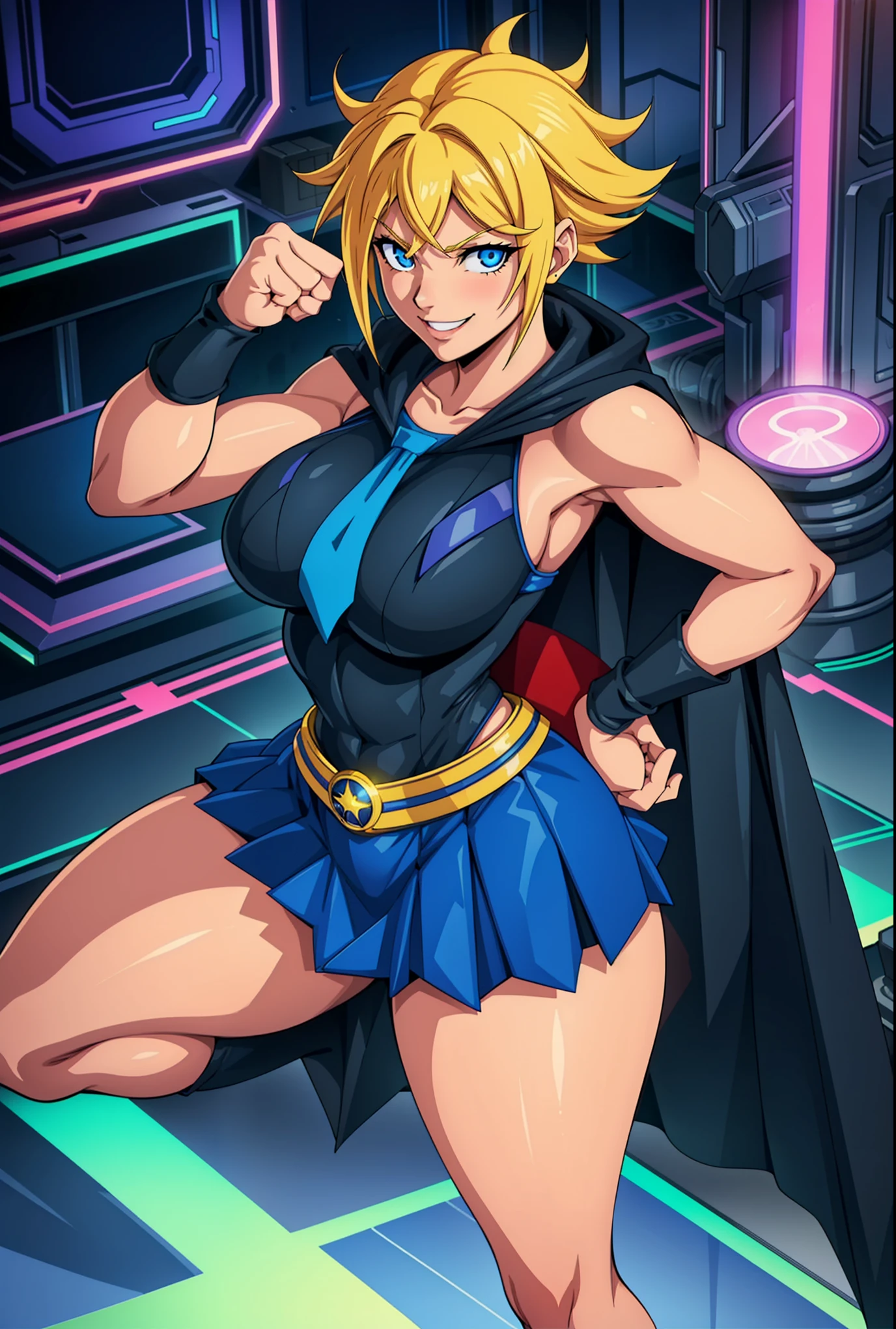 Digital painting of a woman with royal blue and yellow hair, super hero, muscle girl, pose, fist up, from above, 1knee up, Behance Contest Winner, Afrofuturism, Synthwave, neon, glowing neon, sagging massive breasts,cape,highschool skirt,((cute smile)),
