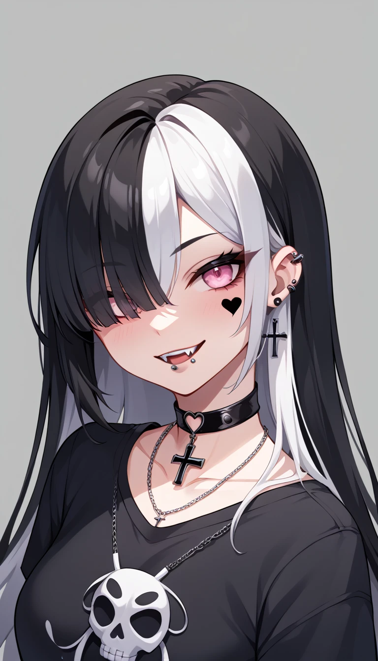 Goth girl, Goth girl 1girl 1girl,solo,long hair,looking at viewer,smile,simple background,black hair,jewelry,white hair,heart,multicolored hair,earrings,choker,pink eyes,grey background,necklace,hair over one eye,two-tone hair,tattoo,fangs,piercing,cross,ear piercing,portrait,bandaid,bandaid on face,facial tattoo,lip piercing, dark background, simple background,