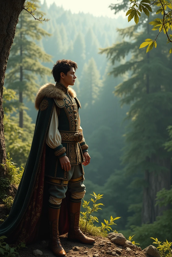 Young man in royal attire looking at a large forest from behind 