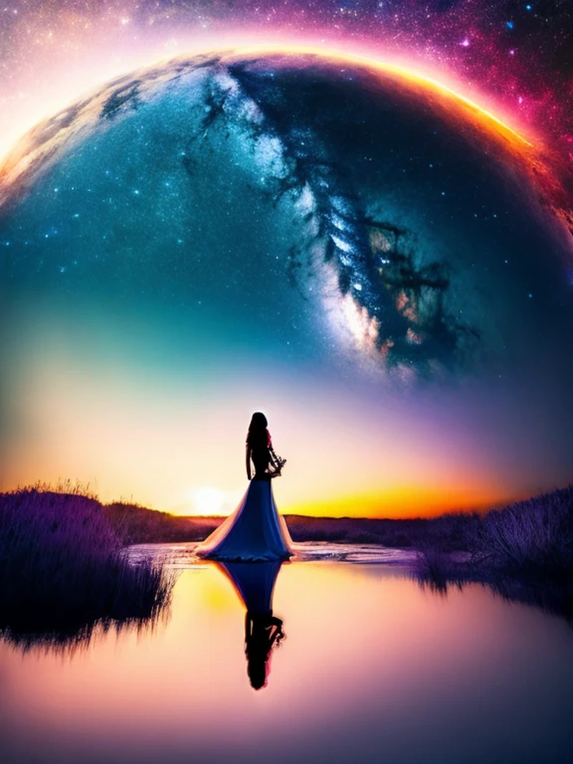The Cosmic Echoes, Quiet Moments, Quiet Dawn, Journey Into Space, Mystical Dreamer, Astral Traveling, Inner Beauty, Starlight and You, Space Princess, Floating Through Space, Silhouettes, Night Flower, Visions of a New World (Phase I), ((masterpiece, best quality, digital imaging, high resolution photography))