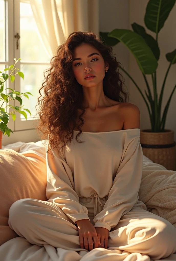 (photorealism:1.2), beautiful woman, sitting on bed, wearing loose off-shoulder top, pajama pants, long curly hair, indoors, soft lighting, plants in background, window with sunlight, cozy room, relaxed pose, realistic, intricate details, warm colors, by Greg Rutkowski, by Alphonse Mucha
