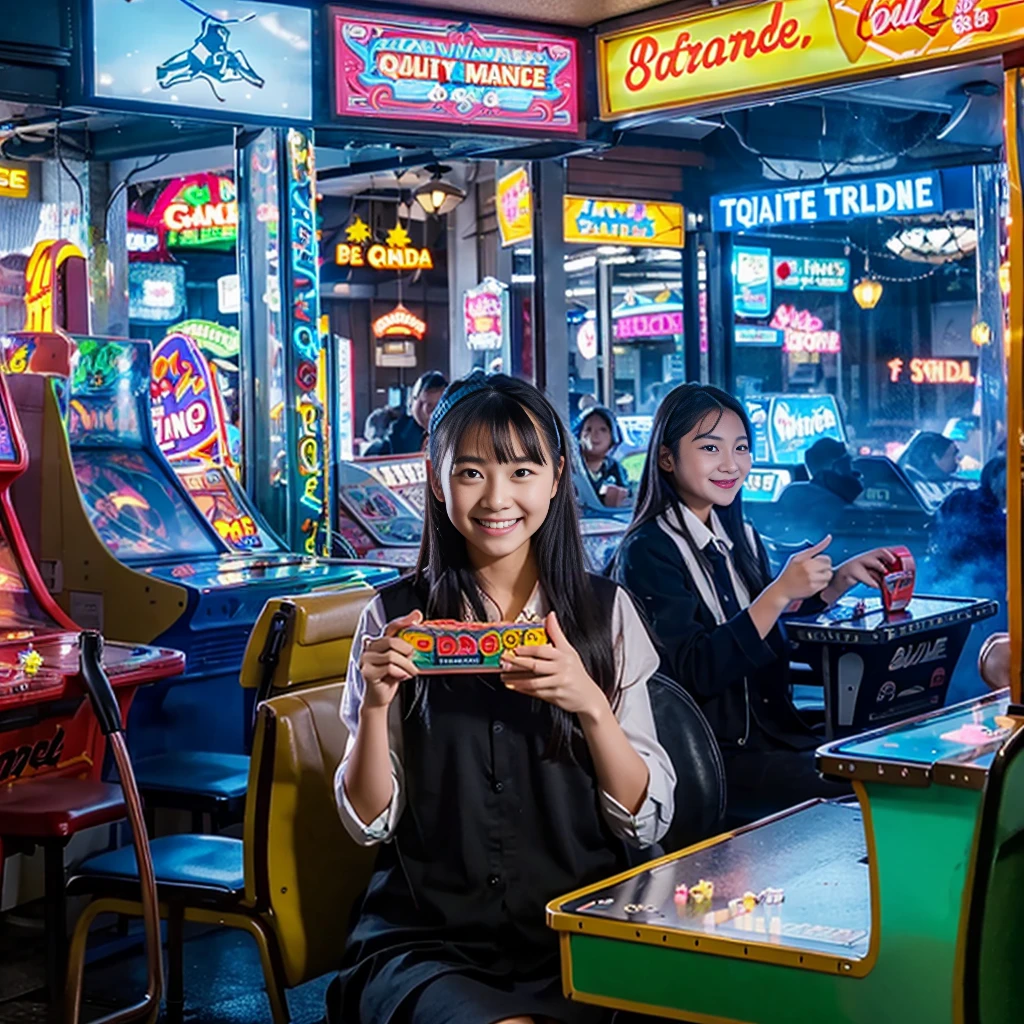 
((Highest quality、8k resolution、Masterpiece、Portraiture:1.3)), Photorealistic, organize, 35mm film, 2 Junior High School Girls, smile、(Arcade: 1.3), Cluttered background, Lots of arcade machines,
