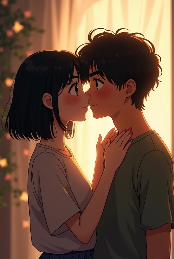 Girl with shoulder-length black hair, not too wavy or too straight, kissing boy with short curly hair on the sides, taller than her 
