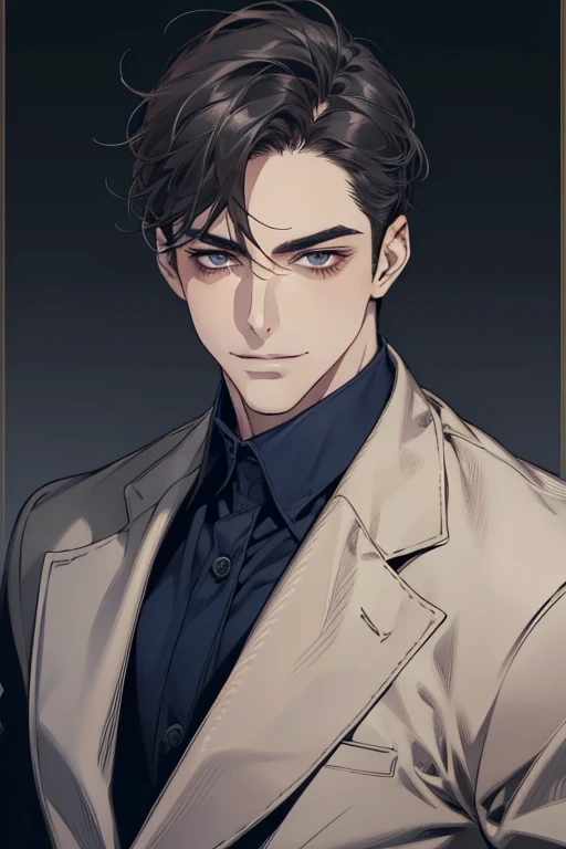 masterpiece, best quality, realistic, 1man, mature male, quiet and charming mature man, 34 years old, smirk and look on the side, closed mouth, portrait, extremely detailed face, smirk, (dark blue eyes), (short-side-swept sandy grey black hair)), [thick eyebrows], (detective clothing)