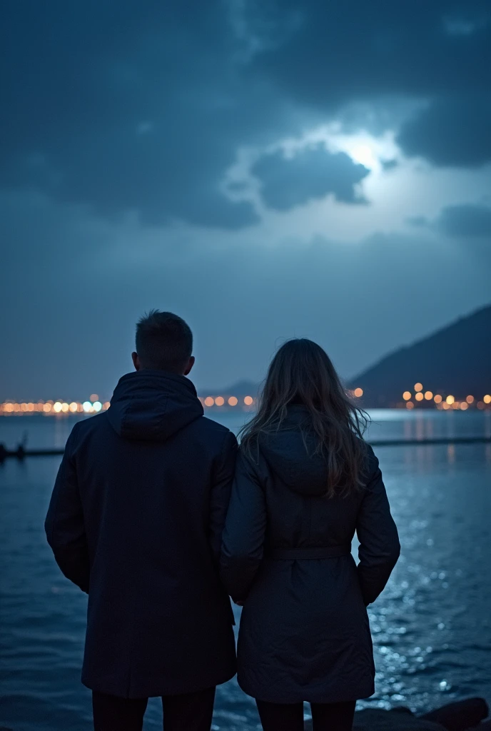 Couples in a cold night watching the cloud by the sea side 