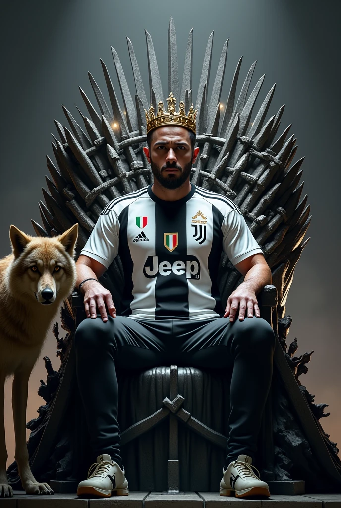 I want to create a scene of a king with a crown sitting on the throne of game of throne with a Juventus shirt and a wild wolf next to him