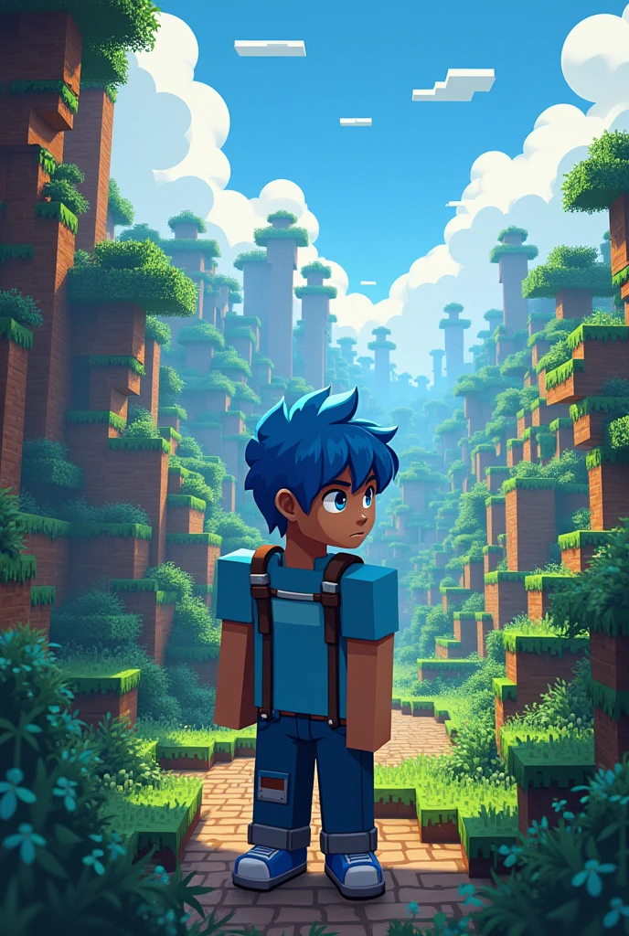 Illustration of a young man with blue hair who plays the game Minecraft
