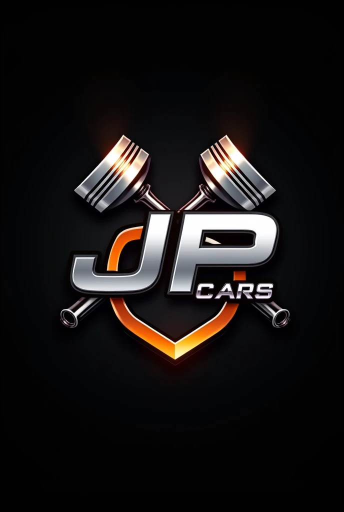 Create a logo with the following combined color palette:
Black as a base color that symbolizes strength.
Metallic silver as an added touch to give a more modern look.
Orange as a striking contrast that adds a modern touch.
It has to have the phrase JP cars.
I want a picture of 2 engine pistons,crossed in metallic silver color.