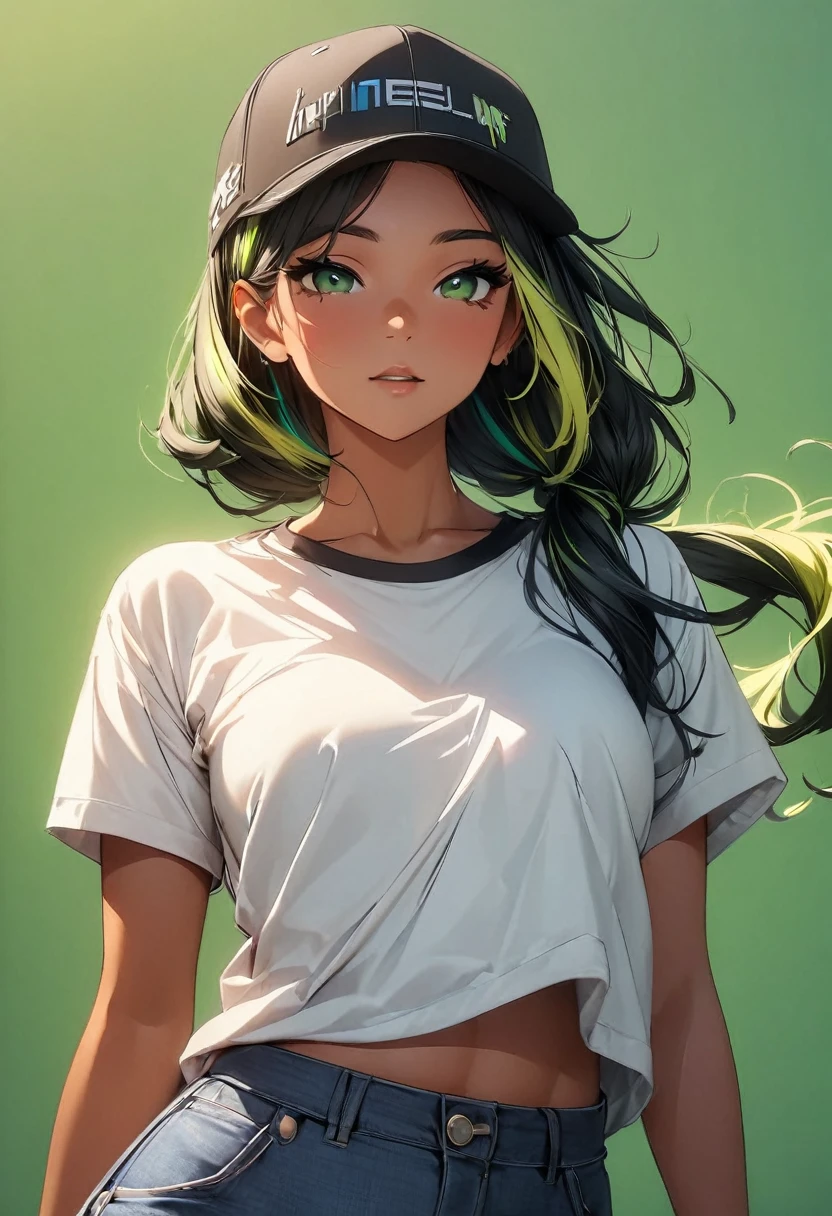(highest quality:1.2, Very detailed, up to date, Vibrant, Ultra-high resolution, High Contrast, masterpiece:1.2, highest quality, Best aesthetics), Portraiture、girl、((25 years old:1.5)), (slim:1), ((25 years old:1.3)), t-shirts, jeans, long hair, ponytail, white and yellow green ((streaked hair:1.6)), highlights hair: 1.5, (small breast,:1) (tan skin:1.1), Bright colors、Beautiful fine details、Beautiful lip detail、(No background:1.4), ((Plain white background:1.3)), (cowboy shot:1.5), look at viewer