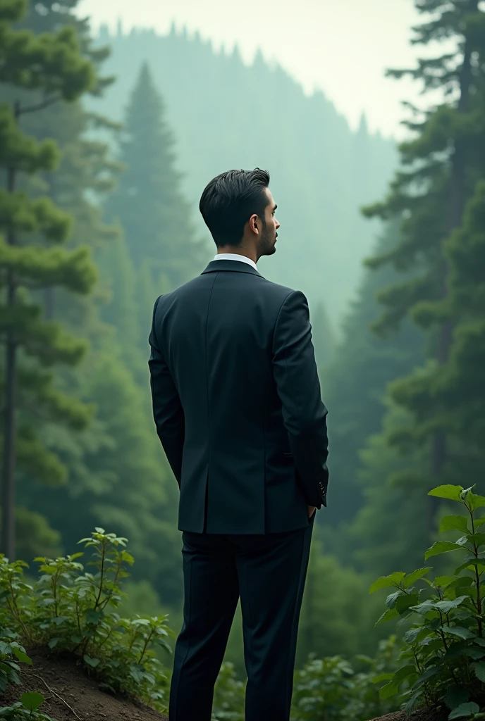 Young man in suit looking at a large forest from behind