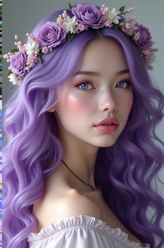 Purple hair, Caucasian beauty, long hair, curly hair, purple eyes, dress up, flower on head