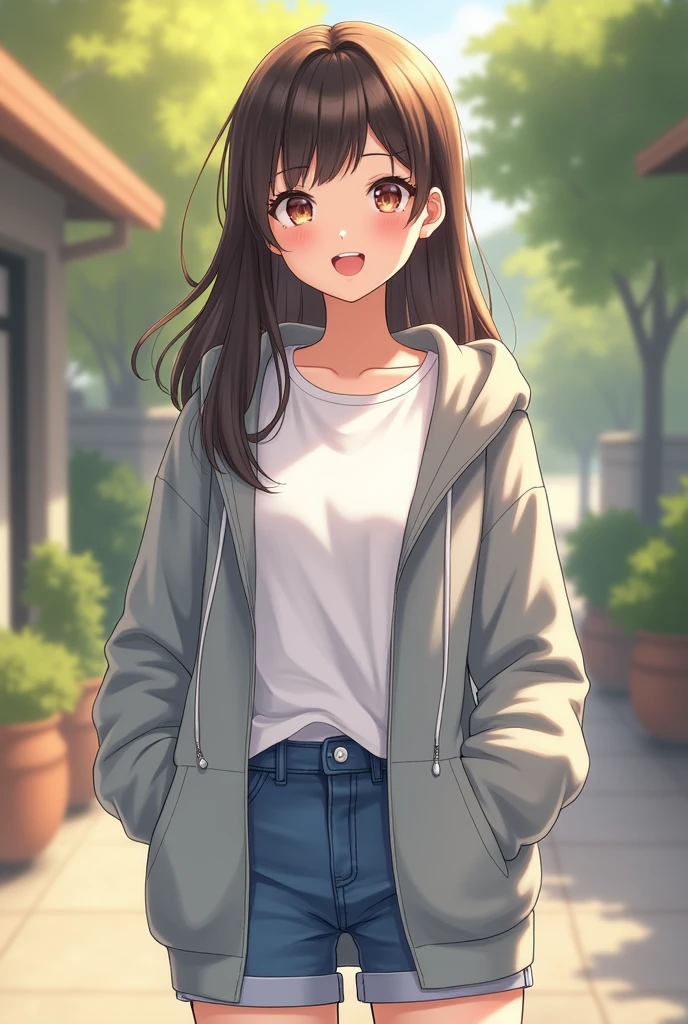Grey hoodie over a white t-shirt、Shorts underneath(Blue)Write about Bob's cute girl
