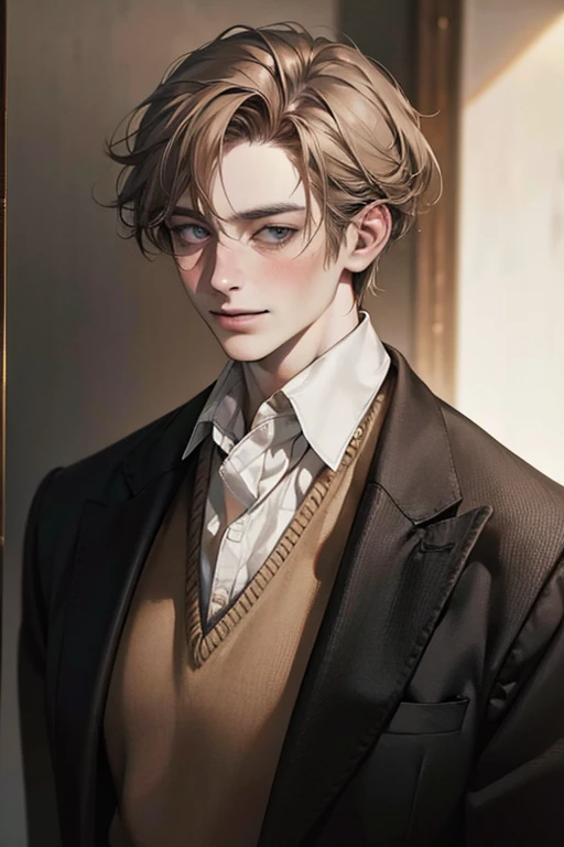 a man with short light brown hair and light, 30 years,blue gray eyes, smiling, wearing a white shirt, beige sweater vest, black pants, and black blazer, (best quality,4k,8k,highres,masterpiece:1.2),ultra-detailed,(realistic,photorealistic,photo-realistic:1.37),portrait,highly detailed face,detailed clothing,natural lighting,warm color tone